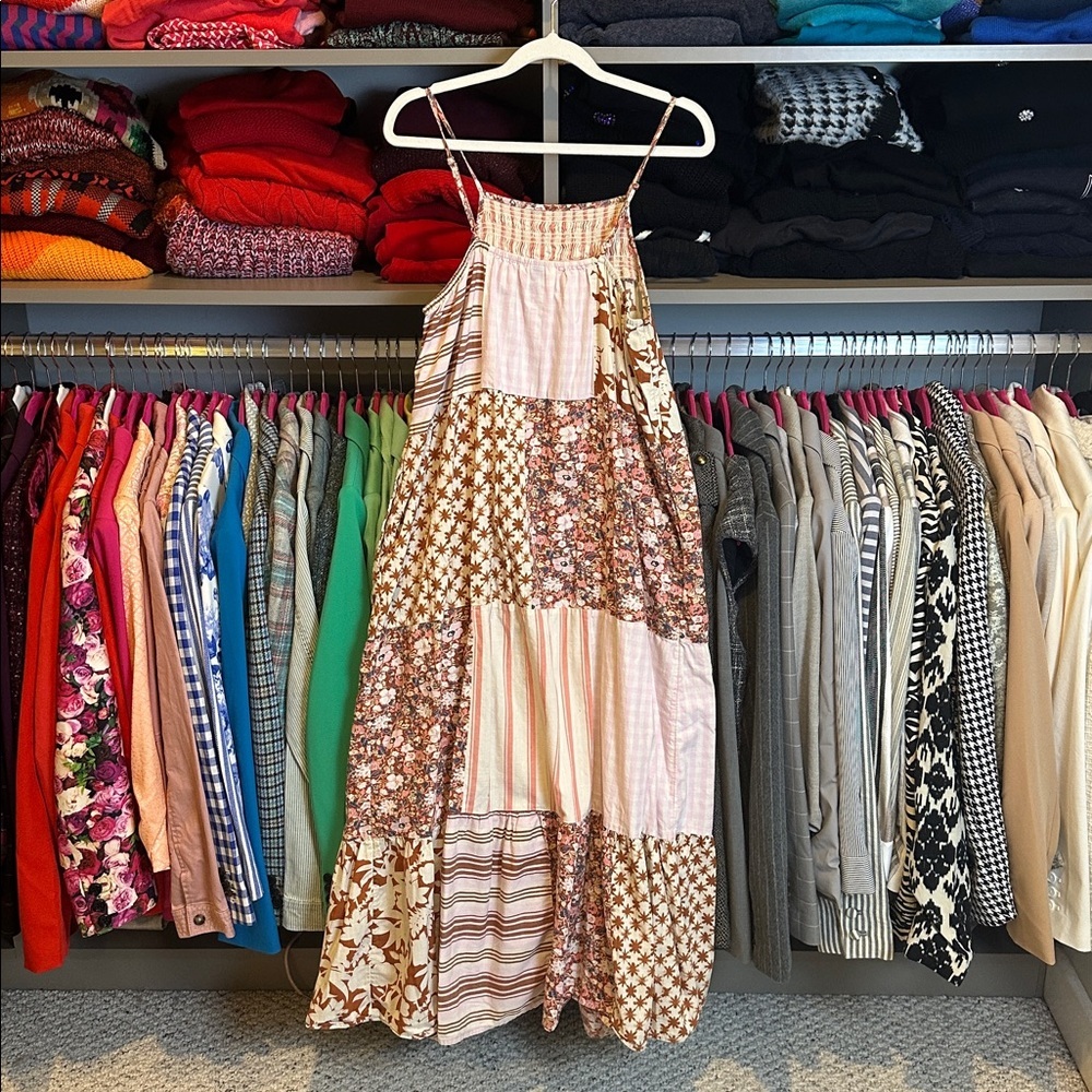 Universal Thread brown/pink/white patchwork adjustable strap midi dress size S - Picture 3 of 4